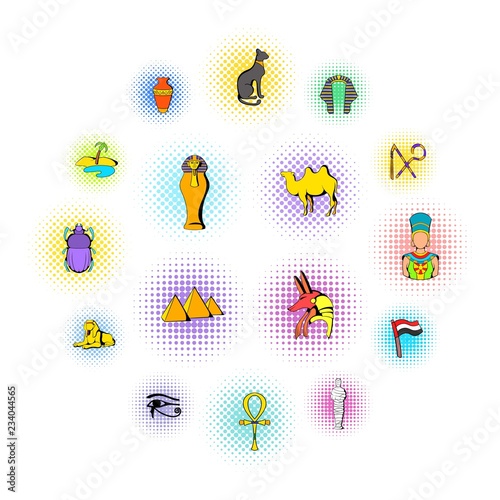 Egypt icons set in comics style isolated on white background