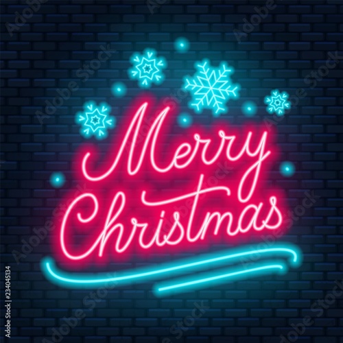 Neon lettering Merry Christmas on dark background. Greeting card .