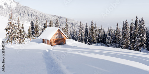 Fantastic winter landscape with wooden house in snowy mountains. Christmas holiday concept. Carpathians mountain, Ukraine, Europe © Ivan Kmit