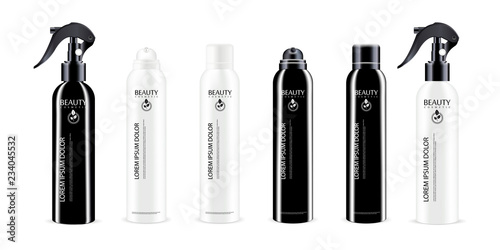 Black and White spray bottle cosmetics package with different color dispenser cap. Isolated container design with pump for liquid, water, oil, tonic and other cosmetic products. Vector 