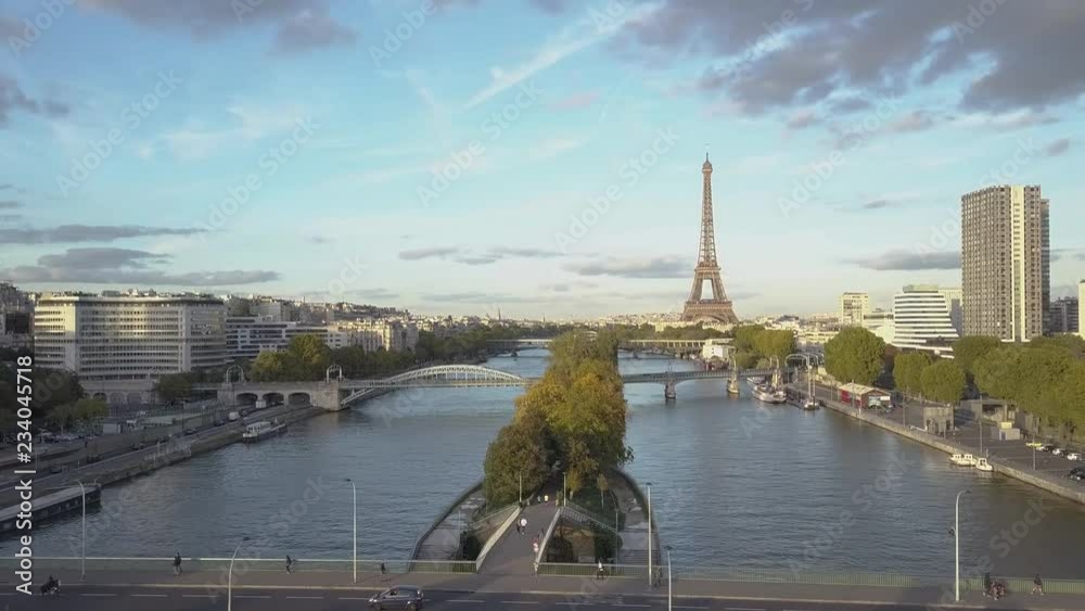 Aerial shot of Paris Eiffel Tower and Seine River