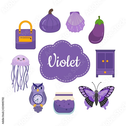 Learn the primary colors. Violet. Different objects in violet color. Educational material for children and toddlers.
