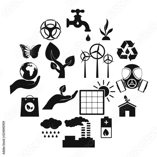 Universal ecology black icons set. 16 simple symbols isolated on a white 