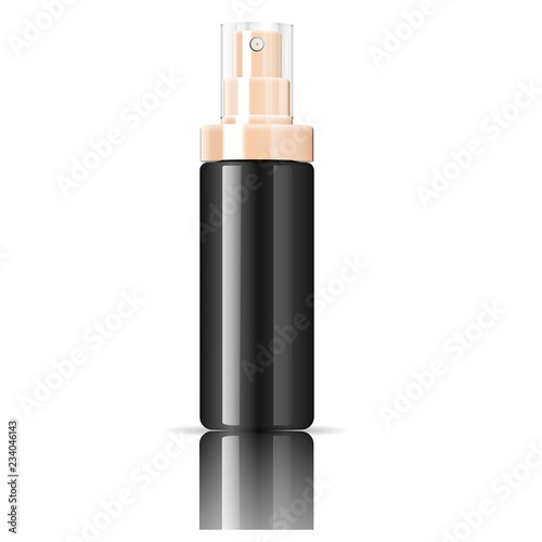 Black cosmetics bottle can sprayer container in realistic glossy glass or plastic material. Atomizer dispenser spray mockup template for cream, emulsion, and other cosmetics or medical products.