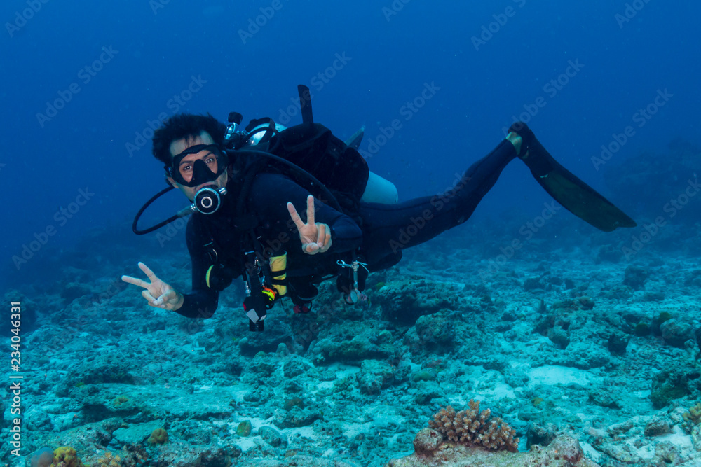 SCUBA diver underwater on a tropical coral reef SCUBA diver underwater on a tropical coral reef