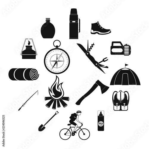Camping simple icons set isolated on white background