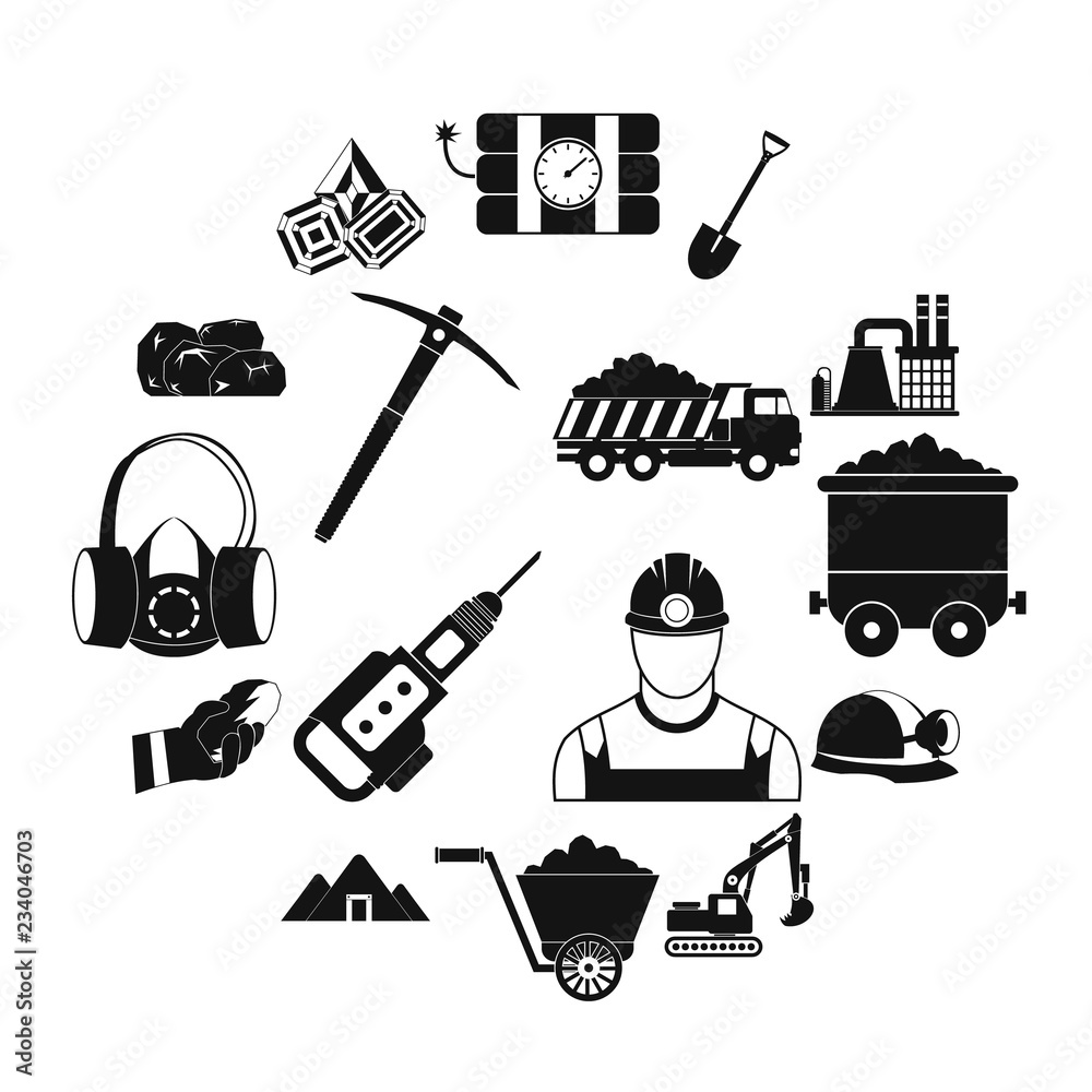 Obraz premium Mining icons simple set with miner hammer truck bulldozer 