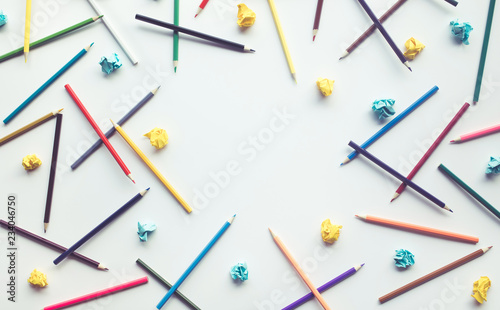Group of colorful pencil and paper crumpled with copy space background