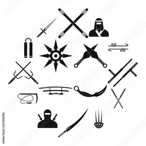 Ninja black simple icons set isolated on white background