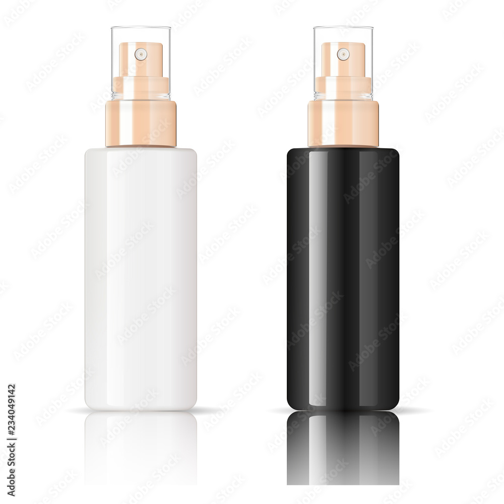 Black cosmetic glossy plastic or glass bottle with dispenser spray pump. Sprayer Liquid container for gel, lotion, cream, serum, base. Beauty cosmetics product package. Vector illustration. Black cosmetic glossy plastic or glass bottle with dispenser spray pump. Sprayer Liquid container for gel, lotion, cream, serum, base. Beauty cosmetics product package. Vector illustration.