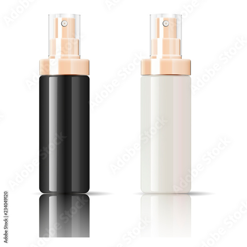 Black and white cosmetics bottle can sprayer container in realistic glossy glass or plastic material. Atomizer dispenser spray mockup template for cream, emulsion, and other cosmetics products. 