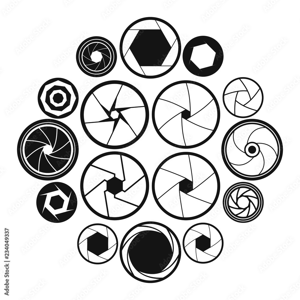 Camera shutter icons set in black simple style for any design Camera shutter icons set in black simple style for any design