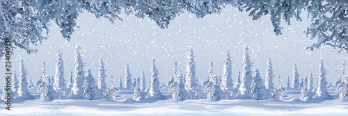 Drawn winter background with snowy trees and snowfall
