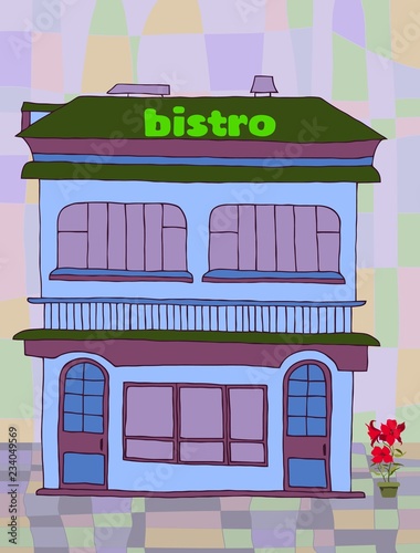 Hand drawn building bistro on a colored background.