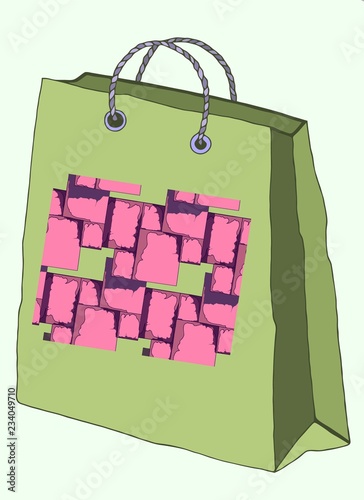 Hand drawn paper colorful gift bag with illustration. 