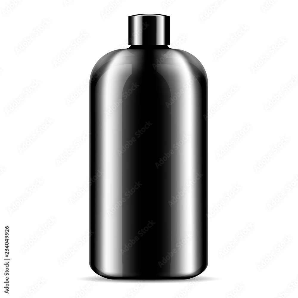 Shampoo shower gel bubble bath cosmetics bottle mockup. Black cosmetic product package illustration. 3d design template.