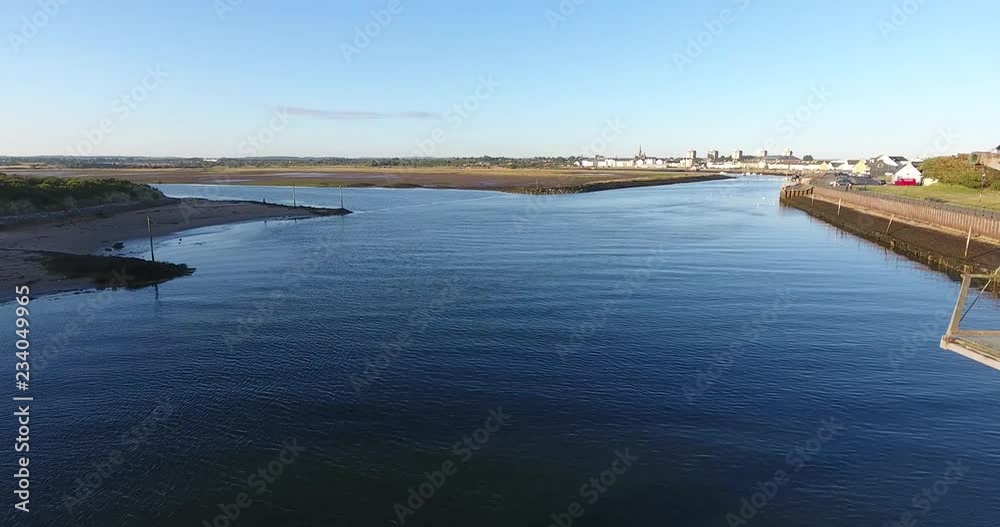 Drone Shot of Short Moveable Bridge off an Island in Scotland at Sunset Drone Shot of Short Moveable Bridge off an Island in Scotland at Sunset