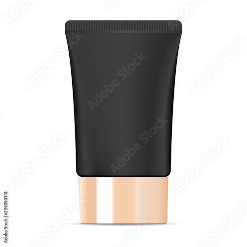 Wide black cosmetic cream tube with glossy golden lid. High quality mockup package. Cosmetic jar for cream, ointment, toothpaste, base, foundation. Vector illustration.
