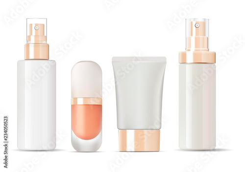 Glossy glass bottles with gold lids mockup set. Vector illustration blank templates of empty clean glass jars: bottles with spray, base jar, lotion, cream tube.