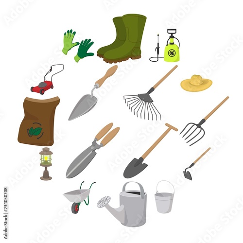 Garden cartoon icons set. Color symbols with grass, watertights, watering can