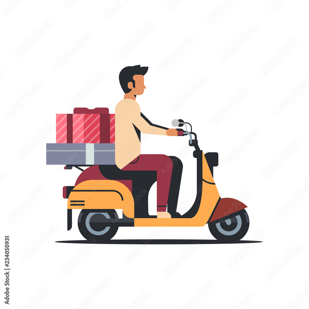 man courier riding scooter with gift box present holiday celebration concept isolated flat vector illustration