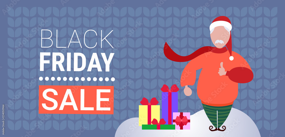santa claus near gift boxes present black friday sale special offer concept male cartoon character flat horizontal vector illustration santa claus near gift boxes present black friday sale special offer concept male cartoon character flat horizontal vector illustration