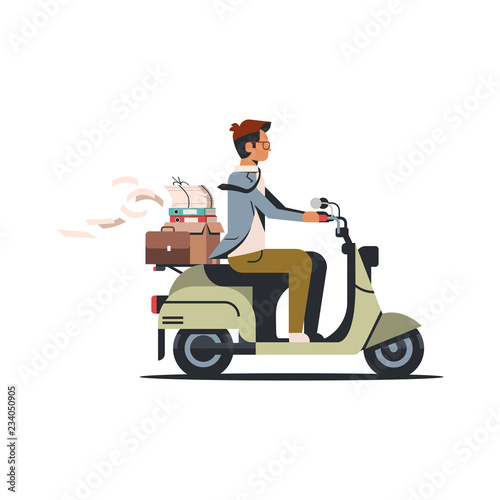 businessman riding scooter with business office papers documents box files folder concept isolated flat vector illustration