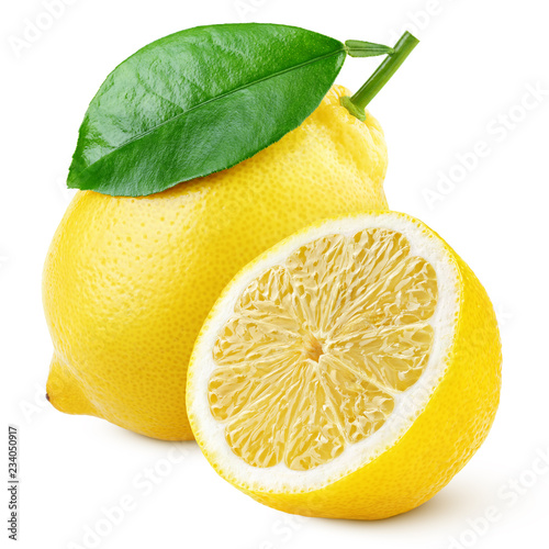 Ripe yellow lemon citrus fruit with green leaf and half isolated on white background. Lemons with clipping path. Full depth of field.