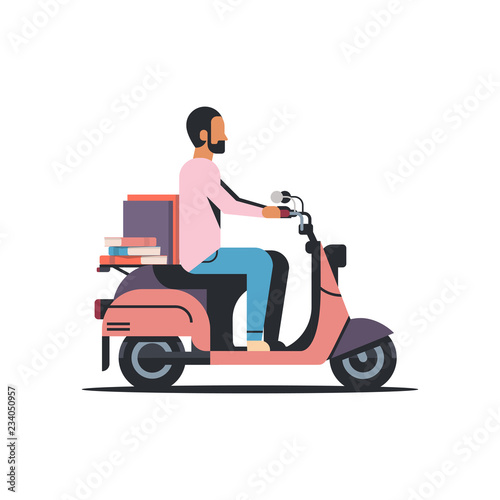 businessman riding scooter with book stack education concept isolated flat vector illustration