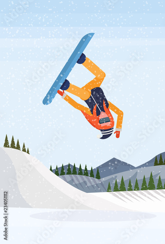 Snowboarder girl jumping snowy mountain fir tree forest landscape background sportswoman snowboarding winter vacation flat vertical vector illustration