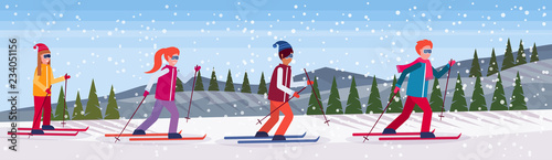 skiers group sliding snowy mountain fir tree forest landscape background people skiing winter vacation flat horizontal vector illustration