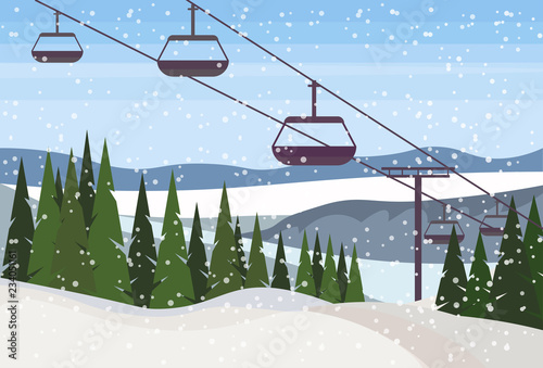 cable car in winter snowy mountain fir tree forest landscape background ski resort horizontal flat vector illustration