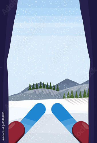 profesional skier at top of slope winter snowy mountain hill fir tree forest landscape background sport vacation concept vertical flat vector illustration