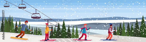 skiers and snowboarders sliding down winter snowy mountain fir tree forest landscape cable car background ski resort horizontal banner flat vector illustration