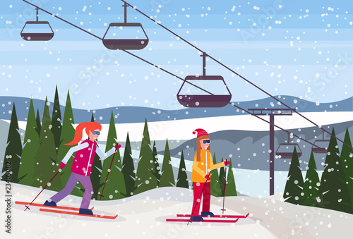skiers women sliding down winter snowy mountain fir tree forest landscape cable car background ski resort horizontal flat vector illustration