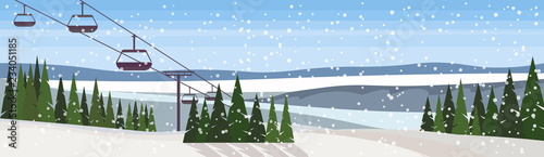 cable car in winter snowy mountain fir tree forest landscape background ski resort horizontal banner flat vector illustration