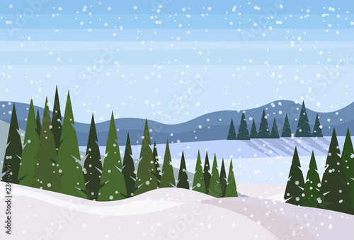 Winter snowy mountain fir tree forest landscape background horizontal flat vector illustration