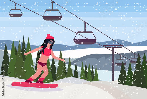 sexy snowboarder woman in swimsuit sliding down winter snowy mountain fir tree forest landscape cable car background ski resort horizontal flat vector illustration
