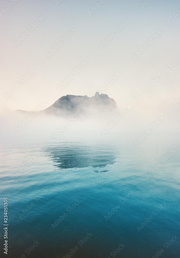 Foggy cold sea moody landscape travel misty morning view nature scenery