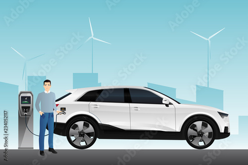 Man charges an electric car at a charging station. Vector illustration EPS 10