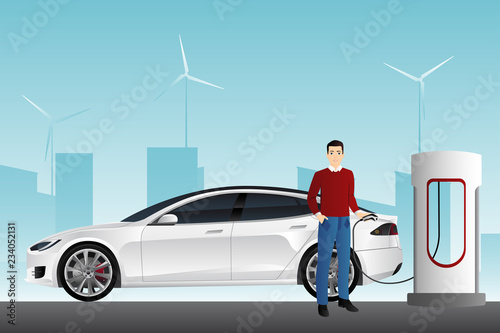 Man charges an electric car at a charging station. Vector illustration EPS 10