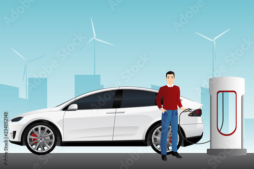Man charges an electric car at a charging station. Vector illustration EPS 10