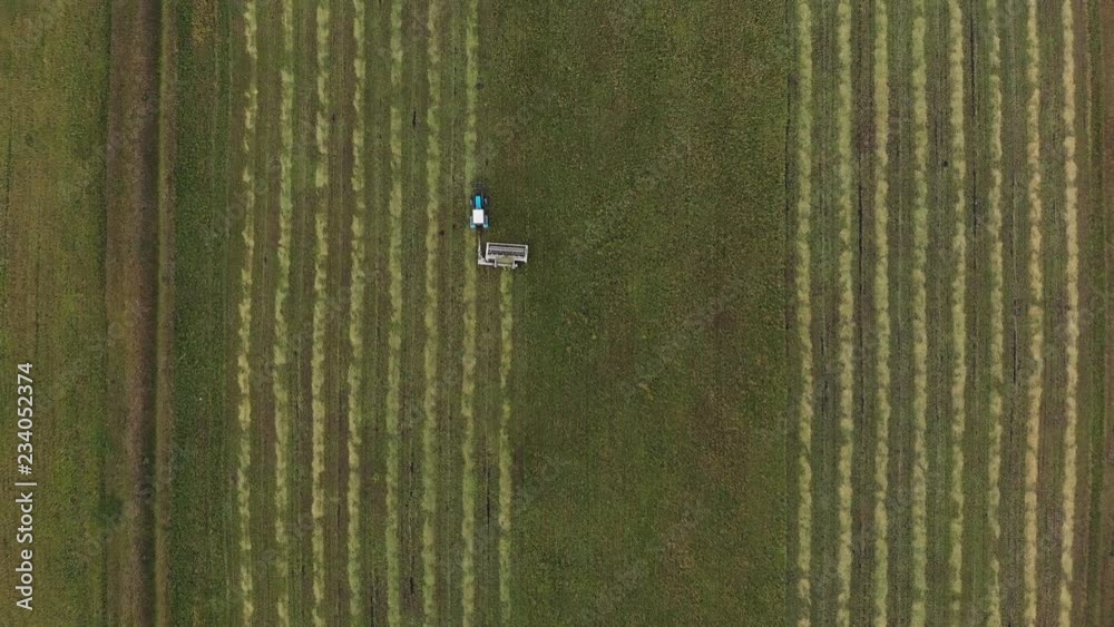 Aerial shot from top to down of tractor cutting grass and moving forward Aerial shot from top to down of tractor cutting grass and moving forward