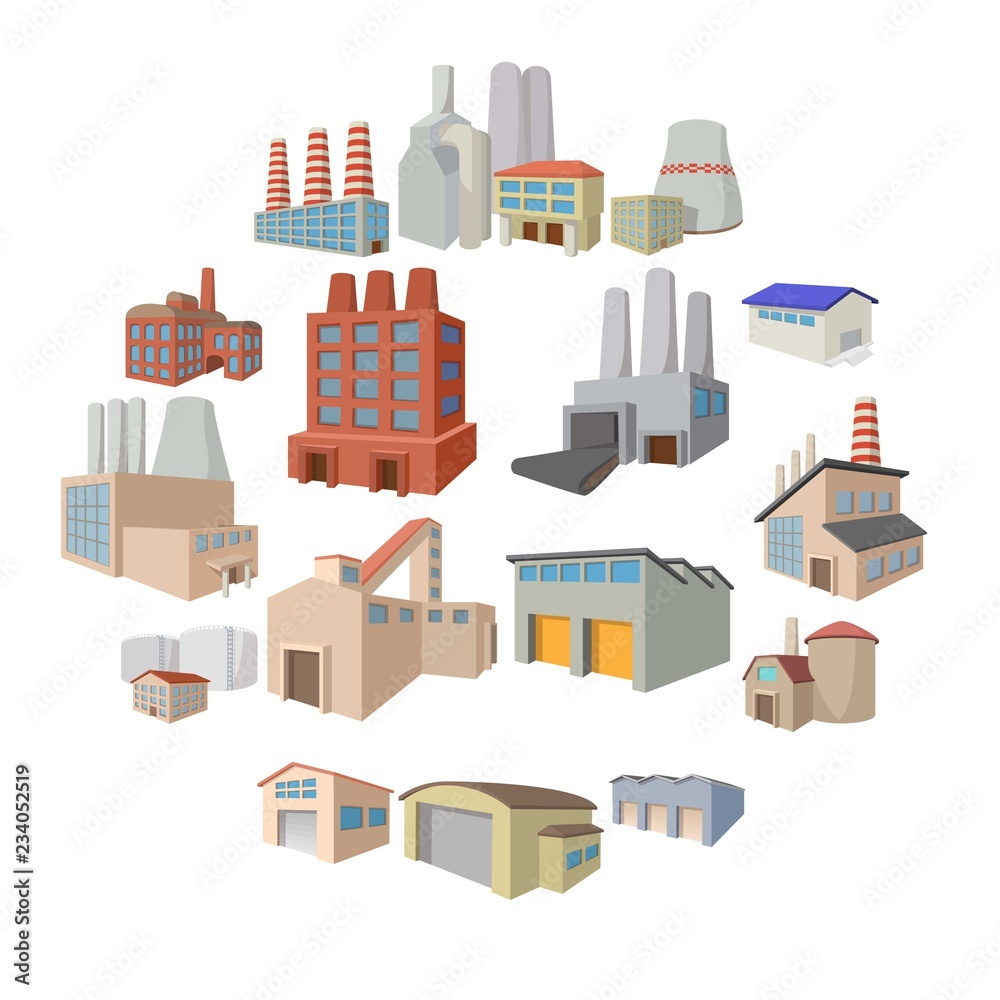 Industrial building factory and power plants cartoon icons set