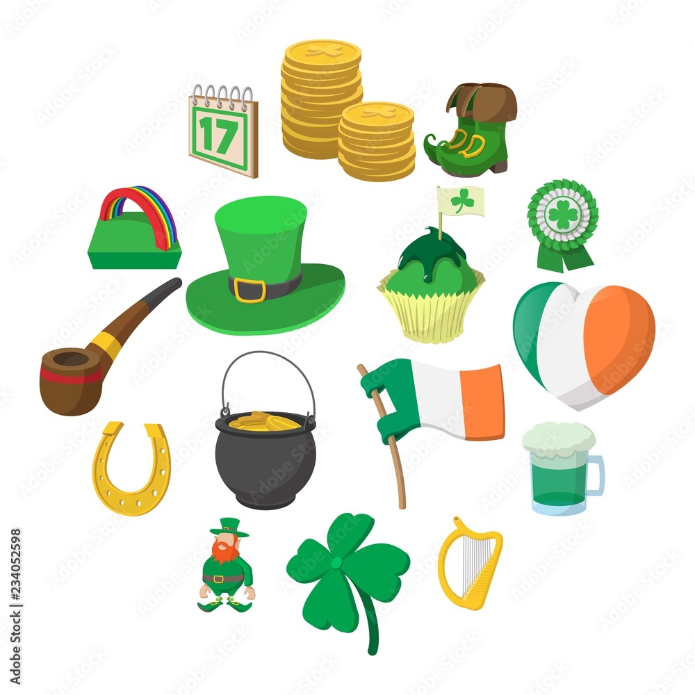 St Patrick Day cartoon icons set isolated on white background