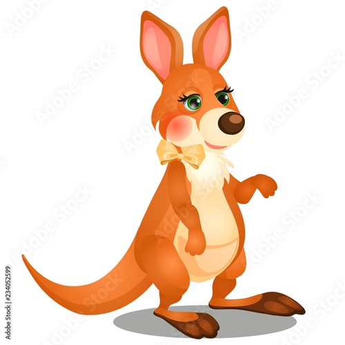 Cute animated kangaroo with bow isolated on white background. Vector cartoon close-up illustration.