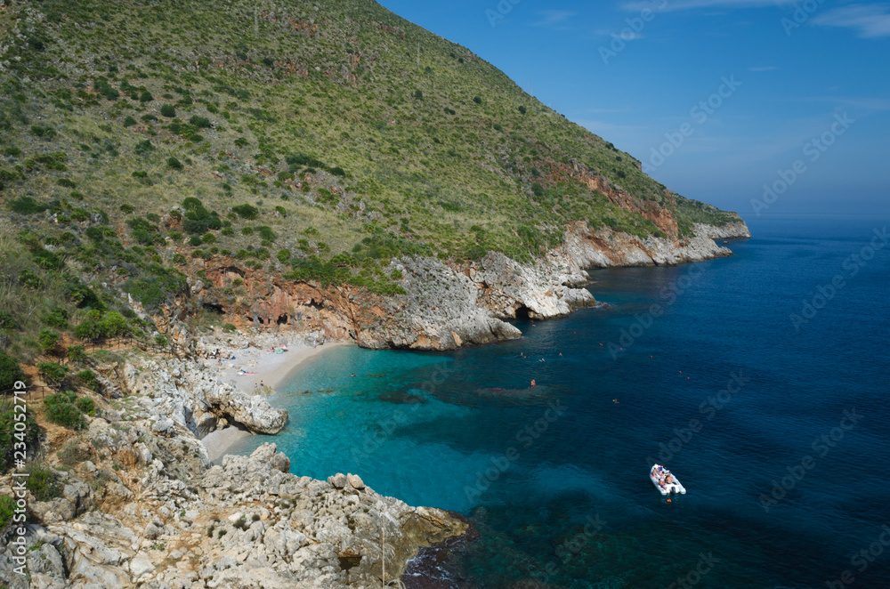 Fototapeta premium View on the beautiful beach - Cala della Capreria in the nature reserve Zingaro, Sicily