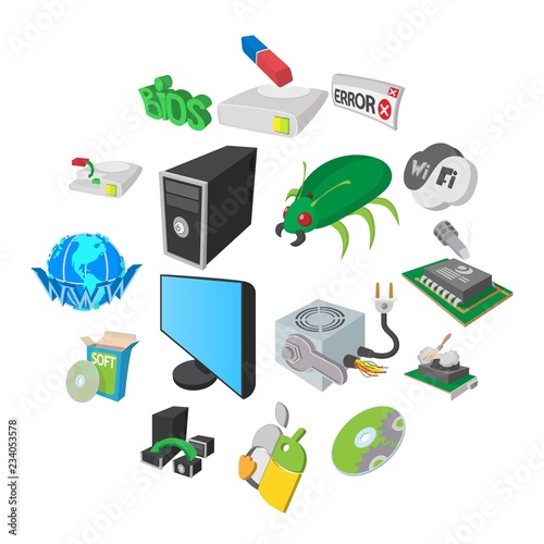 Computer service icons set in cartoon style isolated on white