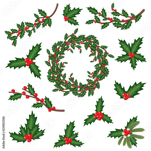 Christmas holly berry leaves, sprig, wreath and branches. Vector cartoon holiday decoration element set isolated on a white background.