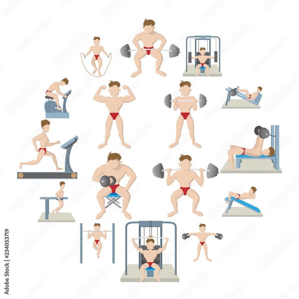 Gym icons set in cartoon style isolated on white background Gym icons set in cartoon style isolated on white background